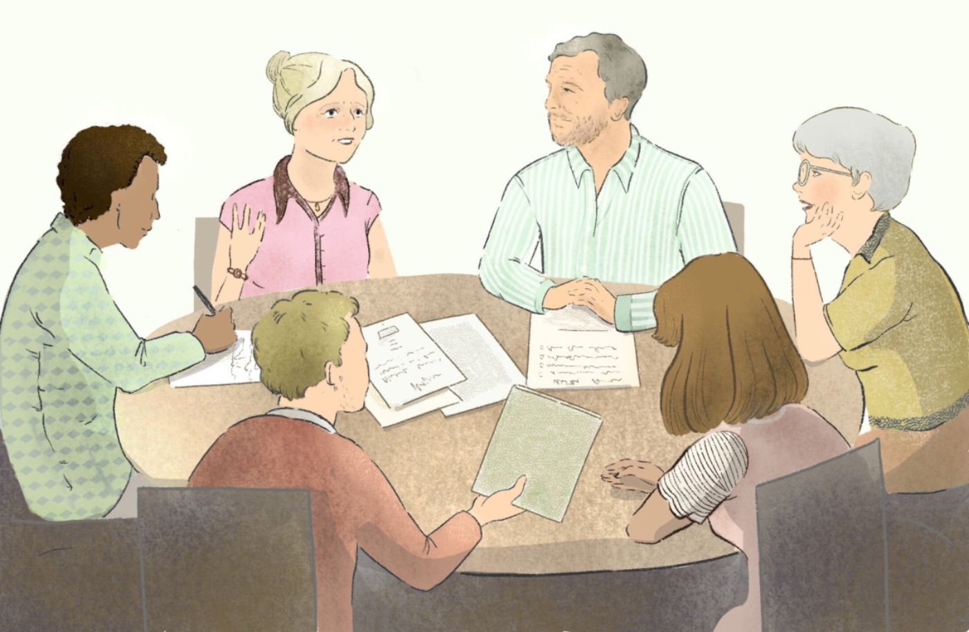 Ältere Frauen beantworten Umfragen gemeinsam am runden Tisch. Illustration: Marvow 2.0